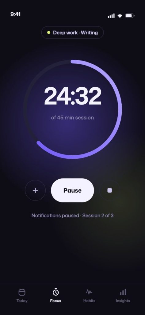 Loop Focus screen with a running 45 minute session